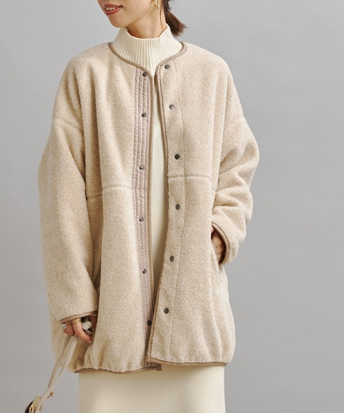 DouDou（ドゥドゥ）の「ボアハーフコート（ノーカラーコート・レディース・ベージュ/グレイッシュベージュ・FREE）」の2枚目の写真