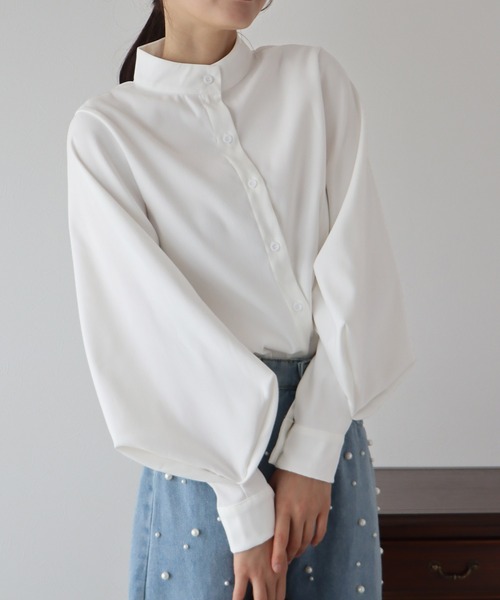 BLUEEAST(ブルーイースト)の「《新柄追加》スタンドカラーボリュームスリーブシャツ(シャツ/ブラウス・レディース・ブラック/ベージュ/オフホワイト/ブルー/ブラウン/ピンク/ブラウン系・MEDIUM)」の15枚目の写真