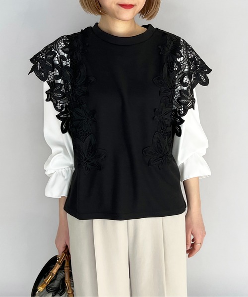 PICCIN（ピッチン）の「フラワーレースカットプルオーバー（Tシャツ/カットソー・レディース・ブラック/オフホワイト・M/L）」の7枚目の写真