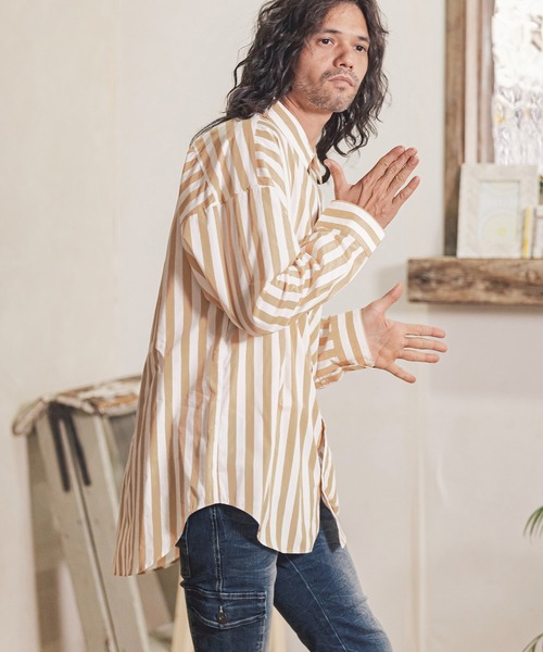 CAMBIO（カンビオ）の「ms4914- オーバーサイズストライプブロードシャツ（シャツ/ブラウス・メンズ・ベージュ/ネイビー/ブラック・M/L）」の2枚目の写真
