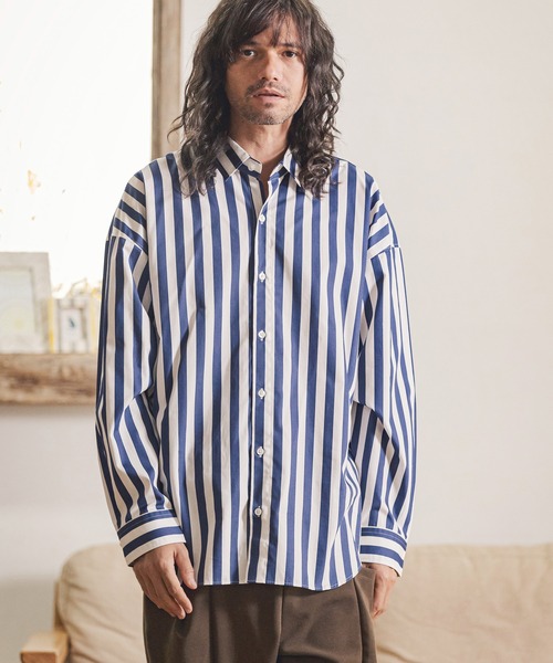 CAMBIO（カンビオ）の「ms4914- オーバーサイズストライプブロードシャツ（シャツ/ブラウス・メンズ・ベージュ/ネイビー/ブラック・M/L）」の10枚目の写真