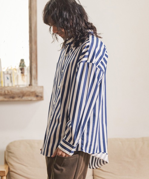 CAMBIO（カンビオ）の「ms4914- オーバーサイズストライプブロードシャツ（シャツ/ブラウス・メンズ・ベージュ/ネイビー/ブラック・M/L）」の12枚目の写真