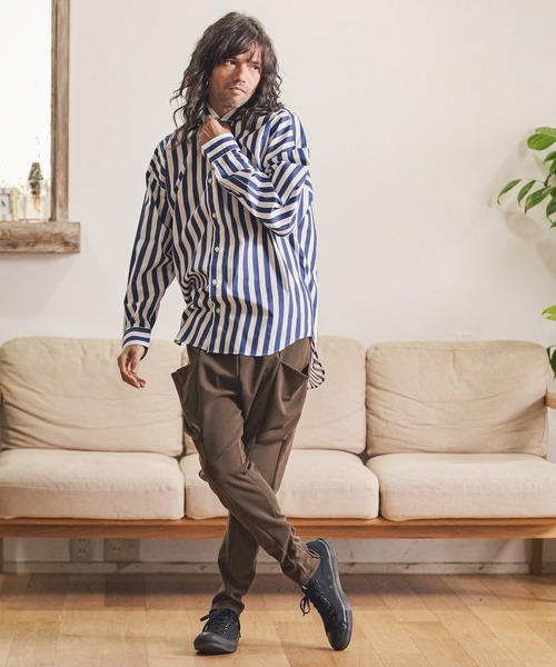 CAMBIO（カンビオ）の「ms4914- オーバーサイズストライプブロードシャツ（シャツ/ブラウス・メンズ・ベージュ/ネイビー/ブラック・M/L）」の14枚目の写真