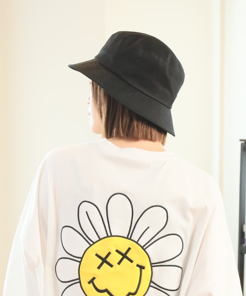 ハンドメイド☺︎春夏コットン☺︎スマイルピースマークお花☺︎夏ハット夏フェス夏帽子 ハンドメイド☺︎春夏コットン☺︎スマイルピースマークお花
