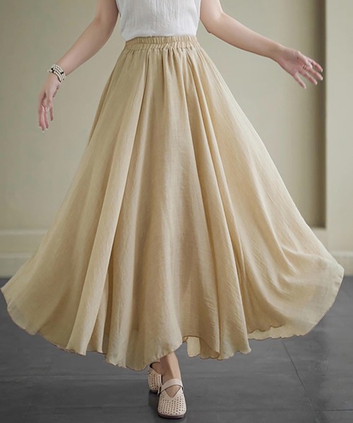 Doux Belle（ドゥーベル）の「ドレープを楽しむフレアロングスカート（スカート・レディース・ホワイト/ライトグレー/ライトブルー/ブラック/パープル/ネイビー/ブラウン/サックスブルー/グリーン/アクア/イエロー/グレイッシュブルー/ブルー/ラベンダー/ライトグリーン/セージグリーン/サーモンピンク/ライトピンク/オートミール/ベージュ/Brick/ダークグレー/イエローゴールド/オレンジ/レッドパープル/ダークブルー/プラム/ダークブラウン/レッド/ワインレッド/ダークパープル/グレイッシュベージュ/カーキ/ブルーグリーン/スモークピンク/ダークグリーン/ローズ/マジェンタ・MEDIUM/LARGE）」の7枚目の写真