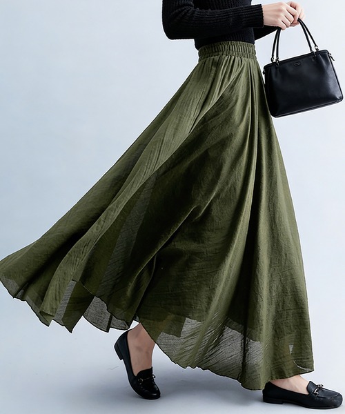 Doux Belle（ドゥーベル）の「ドレープを楽しむフレアロングスカート（スカート・レディース・ホワイト/ライトグレー/ライトブルー/ブラック/パープル/ネイビー/ブラウン/サックスブルー/グリーン/アクア/イエロー/グレイッシュブルー/ブルー/ラベンダー/ライトグリーン/セージグリーン/サーモンピンク/ライトピンク/オートミール/ベージュ/Brick/ダークグレー/イエローゴールド/オレンジ/レッドパープル/ダークブルー/プラム/ダークブラウン/レッド/ワインレッド/ダークパープル/グレイッシュベージュ/カーキ/ブルーグリーン/スモークピンク/ダークグリーン/ローズ/マジェンタ・MEDIUM/LARGE）」の11枚目の写真