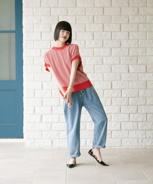 manana suerte（マニャーナスエルテ）の「バックリボンストライプニット（ベスト・レディース・ブラック/レッド/グリーン・FREE）」の10枚目の写真