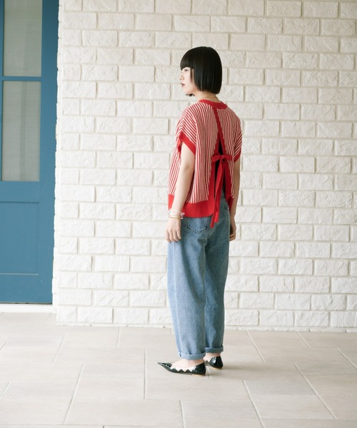 manana suerte（マニャーナスエルテ）の「バックリボンストライプニット（ベスト・レディース・ブラック/レッド/グリーン・FREE）」の12枚目の写真