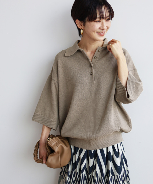 JOURNAL STANDARD relume(ジャーナルスタンダード レリューム)の「コットンスラブ天竺ポロシャツ(ポロシャツ・レディース・ホワイト/ブラウン系その他・FREE)」の1枚目の写真