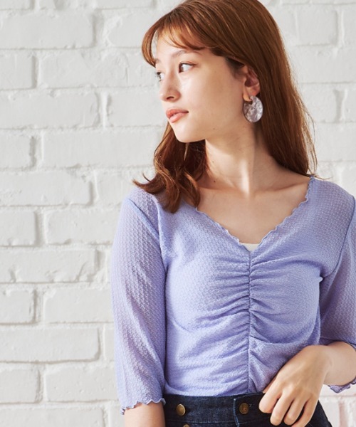 acro（アクロ）の「シャーリングデザイン5分袖メロートップス/AC1399（Tシャツ/カットソー・レディース・ブルー/グリーン/パープル/アイボリー・ﾌﾘ-）」の4枚目の写真