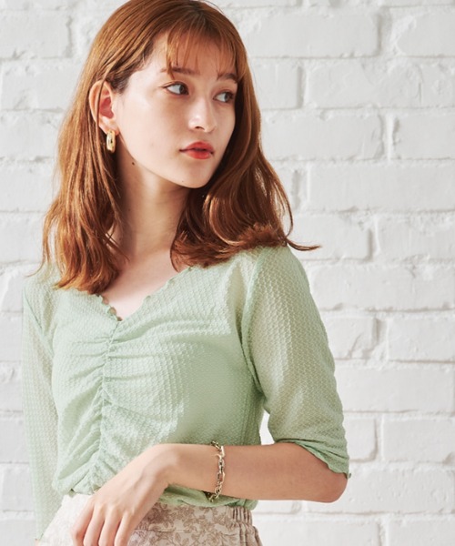 acro（アクロ）の「シャーリングデザイン5分袖メロートップス/AC1399（Tシャツ/カットソー・レディース・ブルー/グリーン/パープル/アイボリー・ﾌﾘ-）」の3枚目の写真