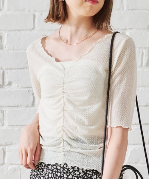 acro（アクロ）の「シャーリングデザイン5分袖メロートップス/AC1399（Tシャツ/カットソー・レディース・ブルー/グリーン/パープル/アイボリー・ﾌﾘ-）」の2枚目の写真