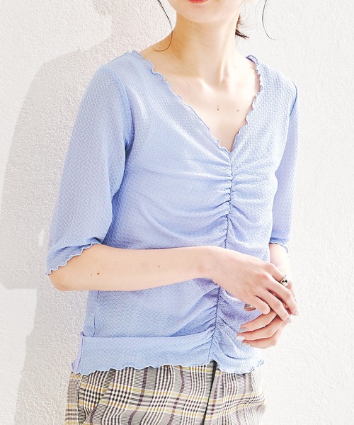 acro（アクロ）の「シャーリングデザイン5分袖メロートップス/AC1399（Tシャツ/カットソー・レディース・ブルー/グリーン/パープル/アイボリー・ﾌﾘ-）」の22枚目の写真