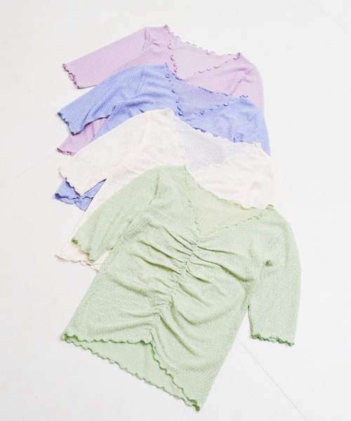 acro（アクロ）の「シャーリングデザイン5分袖メロートップス/AC1399（Tシャツ/カットソー・レディース・ブルー/グリーン/パープル/アイボリー・ﾌﾘ-）」の5枚目の写真