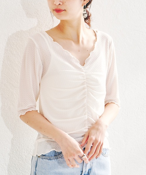 acro（アクロ）の「シャーリングデザイン5分袖メロートップス/AC1399（Tシャツ/カットソー・レディース・ブルー/グリーン/パープル/アイボリー・ﾌﾘ-）」の8枚目の写真