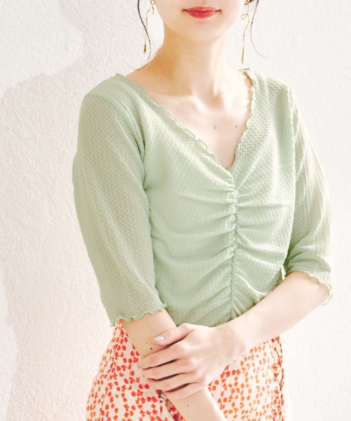 acro（アクロ）の「シャーリングデザイン5分袖メロートップス/AC1399（Tシャツ/カットソー・レディース・ブルー/グリーン/パープル/アイボリー・ﾌﾘ-）」の10枚目の写真