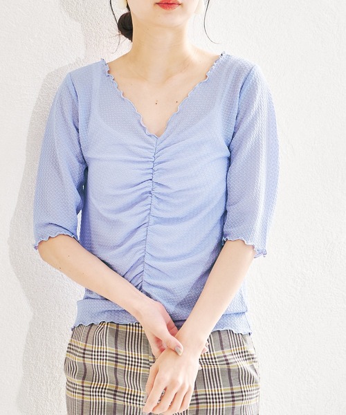 acro（アクロ）の「シャーリングデザイン5分袖メロートップス/AC1399（Tシャツ/カットソー・レディース・ブルー/グリーン/パープル/アイボリー・ﾌﾘ-）」の18枚目の写真