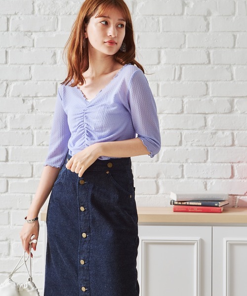 acro（アクロ）の「シャーリングデザイン5分袖メロートップス/AC1399（Tシャツ/カットソー・レディース・ブルー/グリーン/パープル/アイボリー・ﾌﾘ-）」の11枚目の写真