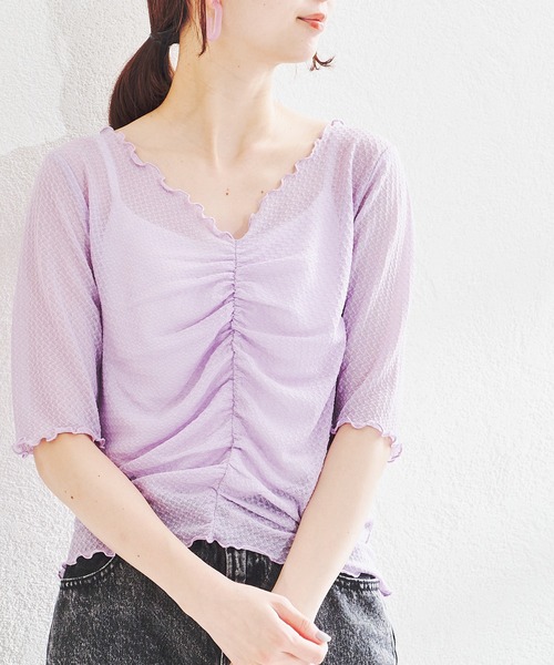 acro（アクロ）の「シャーリングデザイン5分袖メロートップス/AC1399（Tシャツ/カットソー・レディース・ブルー/グリーン/パープル/アイボリー・ﾌﾘ-）」の21枚目の写真