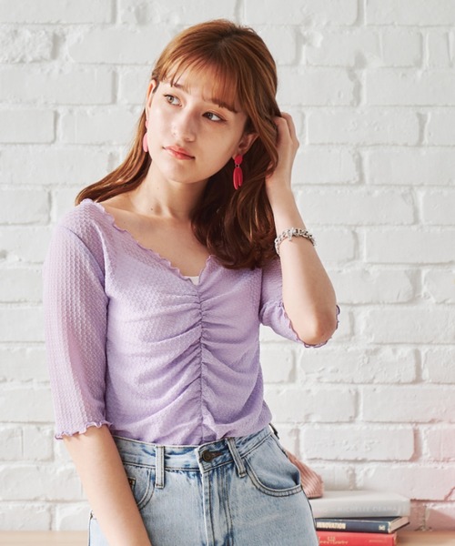 acro（アクロ）の「シャーリングデザイン5分袖メロートップス/AC1399（Tシャツ/カットソー・レディース・ブルー/グリーン/パープル/アイボリー・ﾌﾘ-）」の19枚目の写真