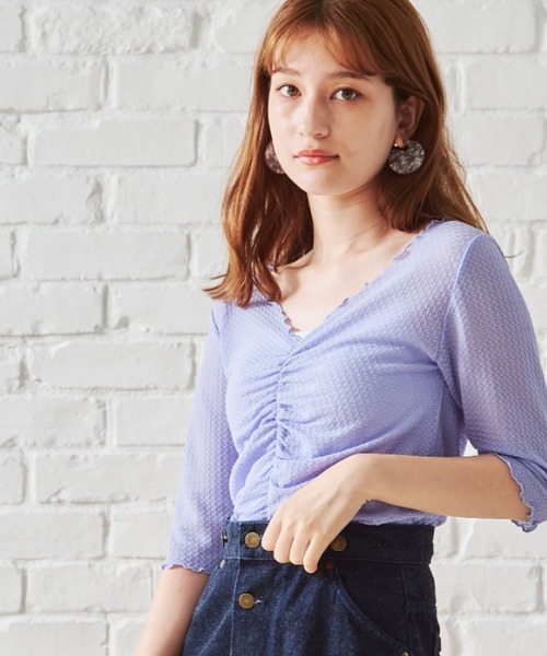 acro（アクロ）の「シャーリングデザイン5分袖メロートップス/AC1399（Tシャツ/カットソー・レディース・ブルー/グリーン/パープル/アイボリー・ﾌﾘ-）」の13枚目の写真