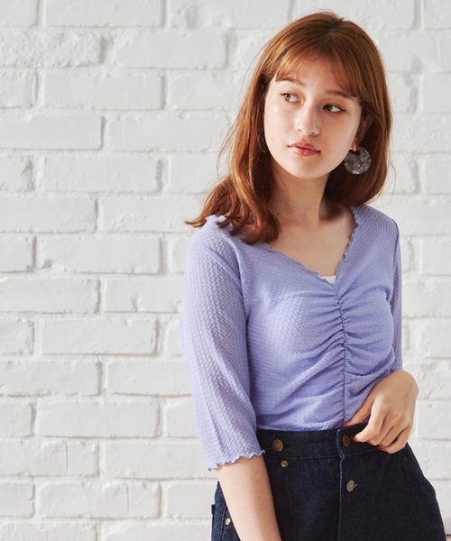 acro（アクロ）の「シャーリングデザイン5分袖メロートップス/AC1399（Tシャツ/カットソー・レディース・ブルー/グリーン/パープル/アイボリー・ﾌﾘ-）」の14枚目の写真