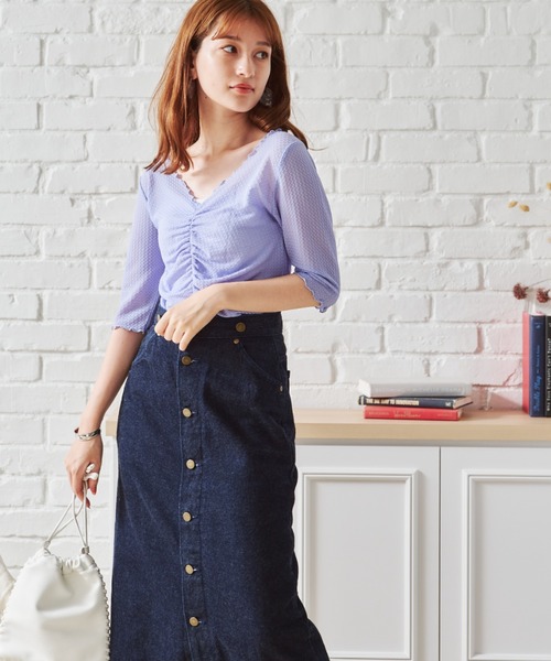 acro（アクロ）の「シャーリングデザイン5分袖メロートップス/AC1399（Tシャツ/カットソー・レディース・ブルー/グリーン/パープル/アイボリー・ﾌﾘ-）」の16枚目の写真