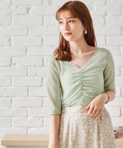 acro（アクロ）の「シャーリングデザイン5分袖メロートップス/AC1399（Tシャツ/カットソー・レディース・ブルー/グリーン/パープル/アイボリー・ﾌﾘ-）」の9枚目の写真