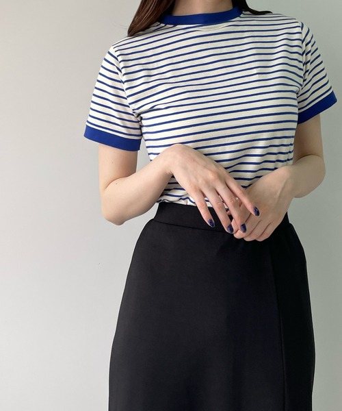 LE MORE(リモア)の「ちびボーダーリンガーTEE(Tシャツ/カットソー・レディース・ブラック/ブルー/アイボリー・FREE)」の1枚目の写真