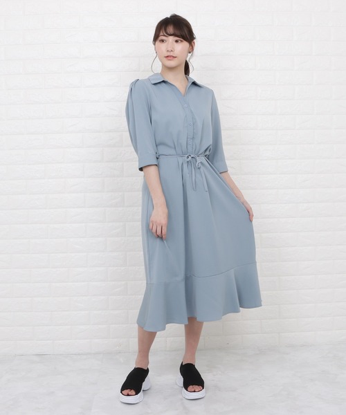 Lace Ladies（レースレディース）の「オープンカラーミモレ丈フレアワンピース（ワンピース・レディース・ブラック/イエロー/ブルー/ラベンダー・S/M/L/XL）」の3枚目の写真