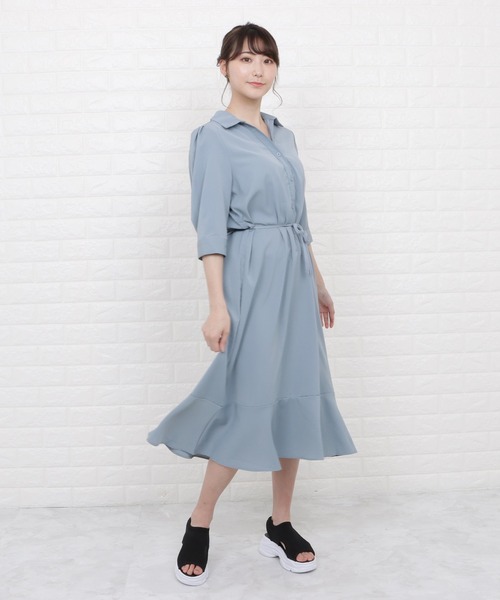 Lace Ladies（レースレディース）の「オープンカラーミモレ丈フレアワンピース（ワンピース・レディース・ブラック/イエロー/ブルー/ラベンダー・S/M/L/XL）」の6枚目の写真