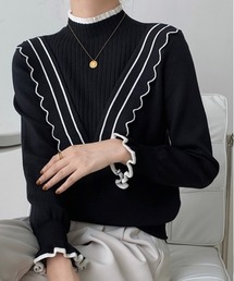 配色ラインミニフリルニット