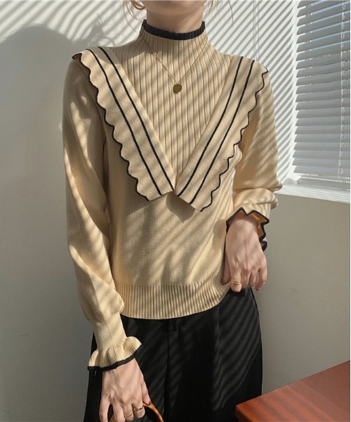 ibeul_（イベール）の「配色ラインミニフリルニット（ニット/セーター・レディース・ブラック/ベージュ・FREE）」の12枚目の写真