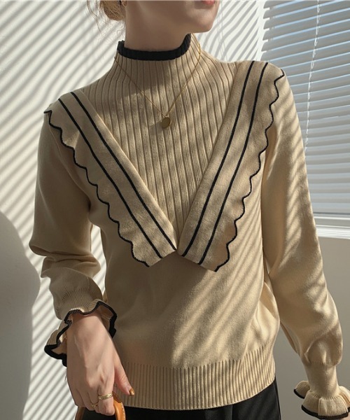 ibeul_（イベール）の「配色ラインミニフリルニット（ニット/セーター・レディース・ブラック/ベージュ・FREE）」の6枚目の写真