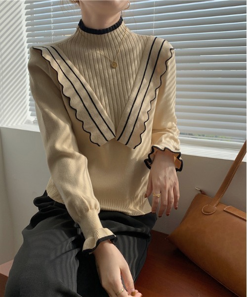 ibeul_（イベール）の「配色ラインミニフリルニット（ニット/セーター・レディース・ブラック/ベージュ・FREE）」の8枚目の写真