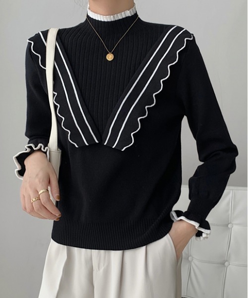 ibeul_（イベール）の「配色ラインミニフリルニット（ニット/セーター・レディース・ブラック/ベージュ・FREE）」の3枚目の写真