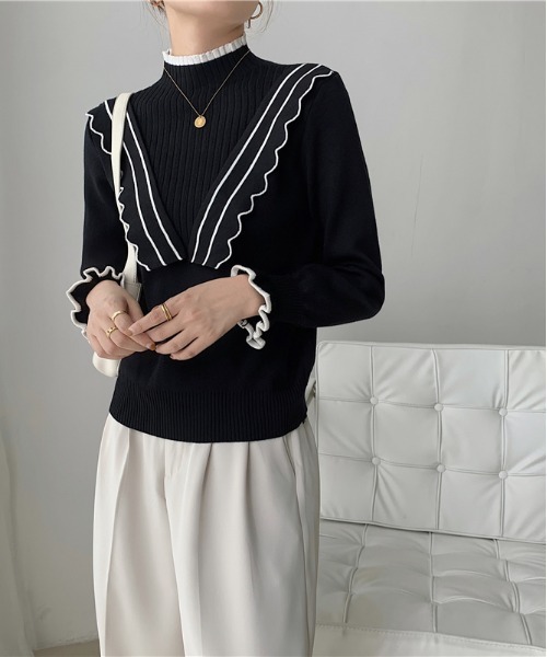 ibeul_（イベール）の「配色ラインミニフリルニット（ニット/セーター・レディース・ブラック/ベージュ・FREE）」の5枚目の写真