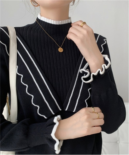 ibeul_（イベール）の「配色ラインミニフリルニット（ニット/セーター・レディース・ブラック/ベージュ・FREE）」の13枚目の写真