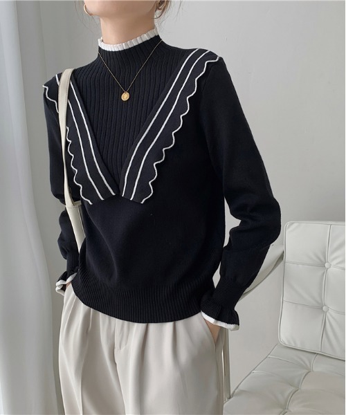 ibeul_（イベール）の「配色ラインミニフリルニット（ニット/セーター・レディース・ブラック/ベージュ・FREE）」の7枚目の写真