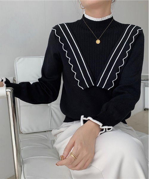 ibeul_（イベール）の「配色ラインミニフリルニット（ニット/セーター・レディース・ブラック/ベージュ・FREE）」の10枚目の写真