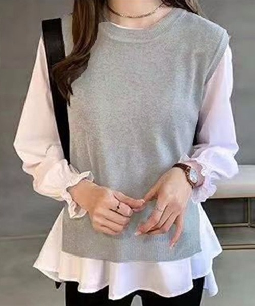 NinaetLina(ニナエリナ)の「チュニック丈ブラウスとニットベストのレイヤードセット(シャツ/ブラウス・レディース・ブルー/ブラック/グレー・FREE)」の2枚目の写真