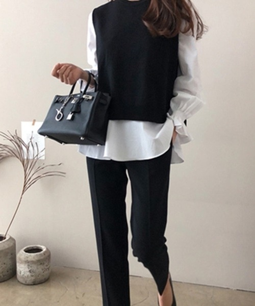 NinaetLina(ニナエリナ)の「チュニック丈ブラウスとニットベストのレイヤードセット(シャツ/ブラウス・レディース・ブルー/ブラック/グレー・FREE)」の5枚目の写真