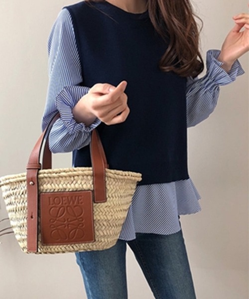 NinaetLina(ニナエリナ)の「チュニック丈ブラウスとニットベストのレイヤードセット(シャツ/ブラウス・レディース・ブルー/ブラック/グレー・FREE)」の7枚目の写真