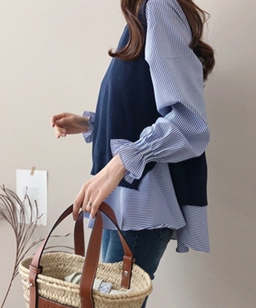 NinaetLina(ニナエリナ)の「チュニック丈ブラウスとニットベストのレイヤードセット(シャツ/ブラウス・レディース・ブルー/ブラック/グレー・FREE)」の8枚目の写真