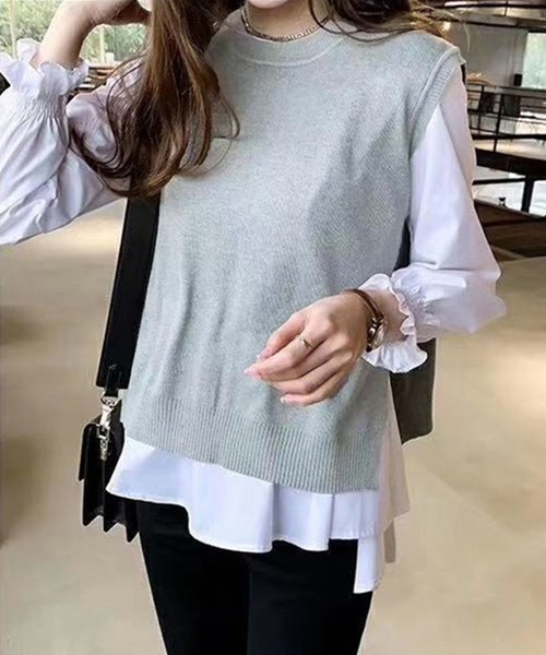 NinaetLina(ニナエリナ)の「チュニック丈ブラウスとニットベストのレイヤードセット(シャツ/ブラウス・レディース・ブルー/ブラック/グレー・FREE)」の13枚目の写真