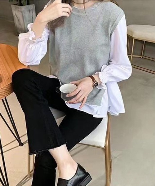 NinaetLina(ニナエリナ)の「チュニック丈ブラウスとニットベストのレイヤードセット(シャツ/ブラウス・レディース・ブルー/ブラック/グレー・FREE)」の14枚目の写真