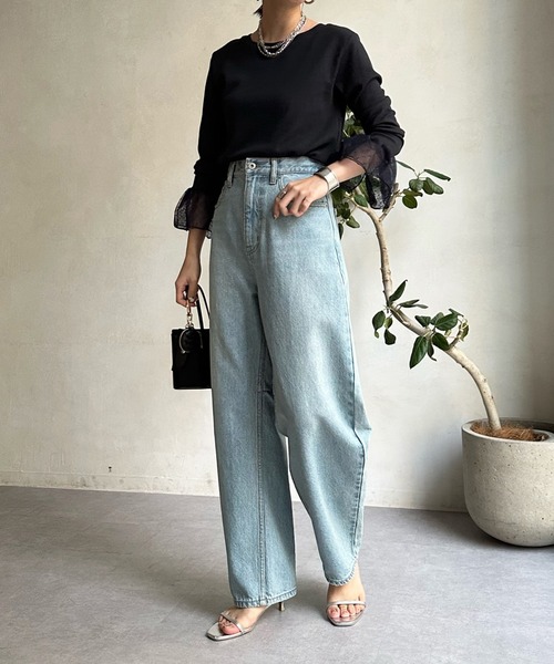 DouDou(ドゥドゥ)の「袖チュールフレアTEE(Tシャツ/カットソー・レディース・オフホワイト/ネイビー・FREE)」の8枚目の写真