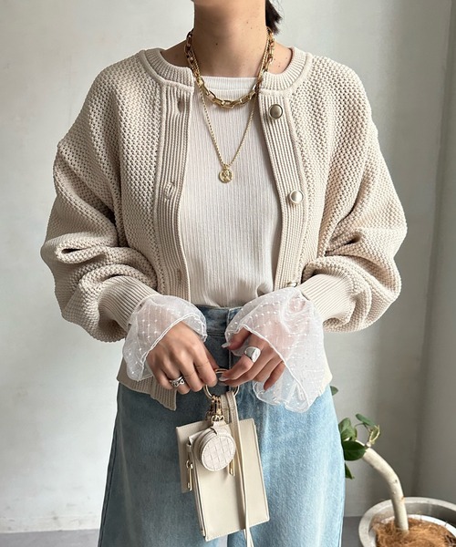 DouDou(ドゥドゥ)の「袖チュールフレアTEE(Tシャツ/カットソー・レディース・オフホワイト/ネイビー・FREE)」の11枚目の写真