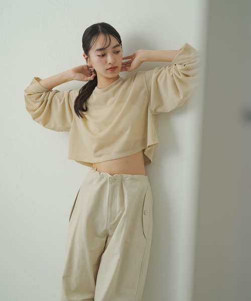 earthy（アーシー）の「シアークロップドロンT（Tシャツ/カットソー・レディース・ベージュ/オレンジ/オフホワイト/ブラック/キャメル/ミント/ライトグレー/ピンク・FREE）」の4枚目の写真