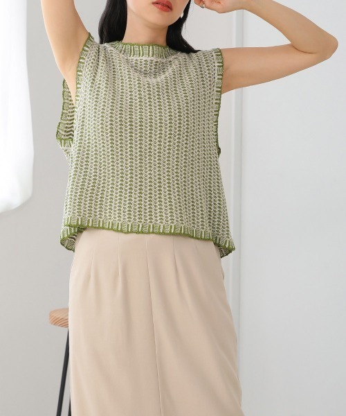 Bab(バブ)の「配色ジャガードサマーニット(Tシャツ/カットソー・レディース・ベージュ/ライトグリーン/ブラック・M)」の4枚目の写真